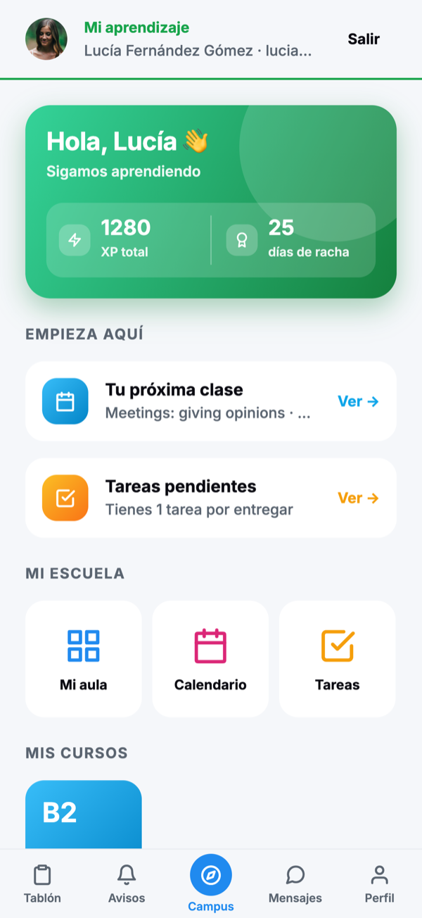 Panel del alumno con su progreso