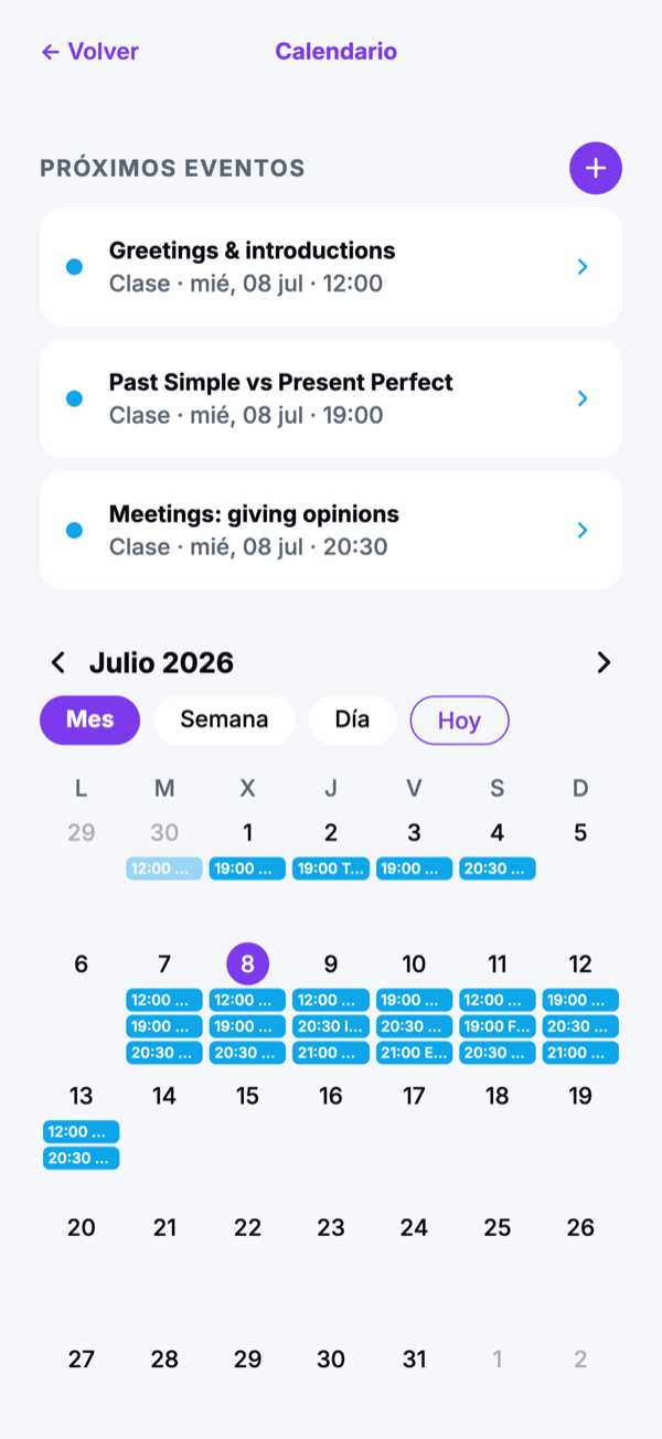 Calendario de clases en la plataforma